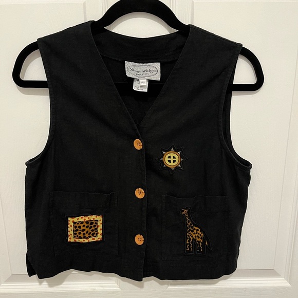 Stonebridge Jackets & Blazers - Vintage Stonebridge Linen Blend Black Novelty Artsy Vest Safari Animals Size S/P